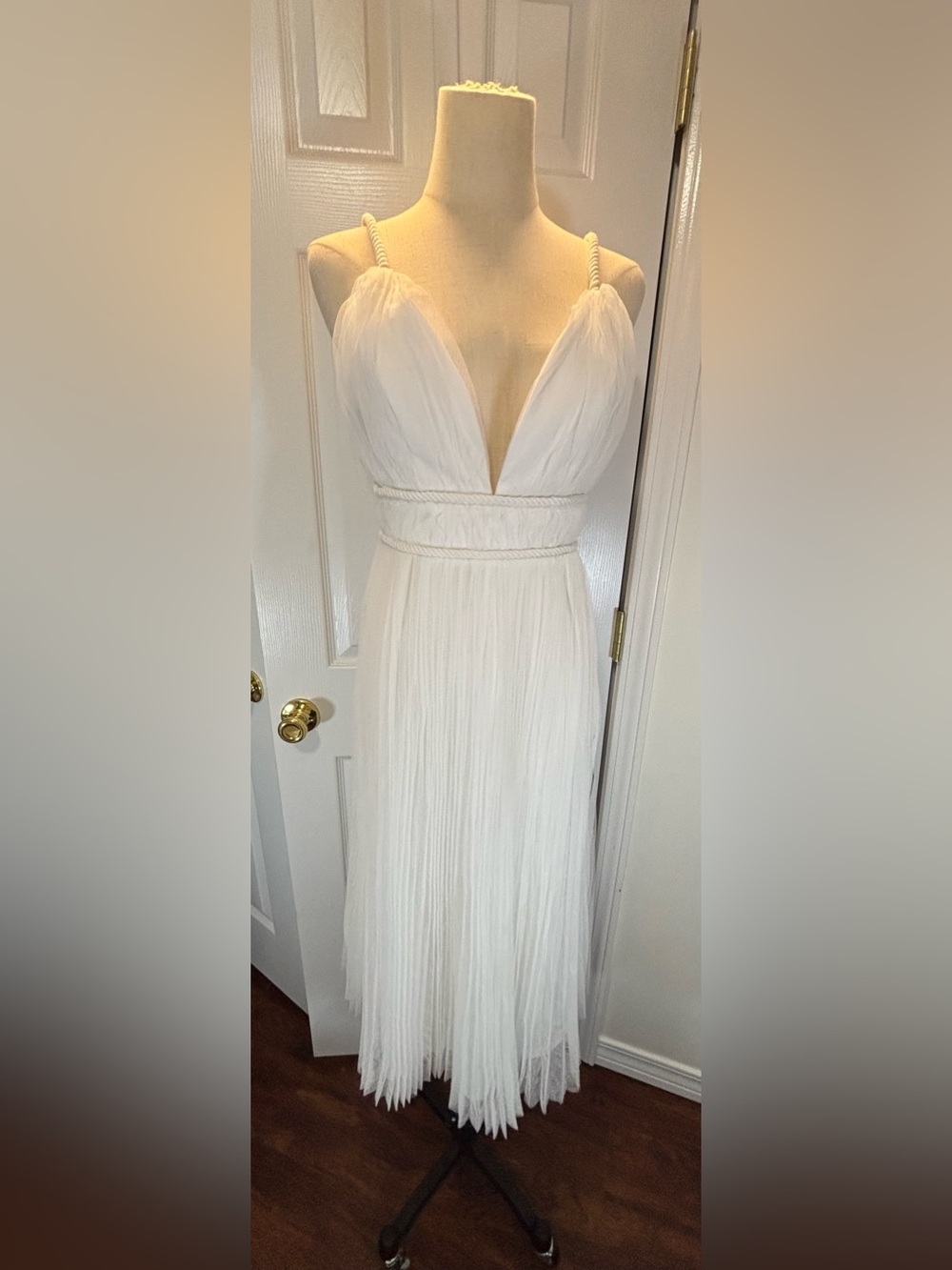 Lulu's White Plunging Midi Dress with Rope-Strap Detail